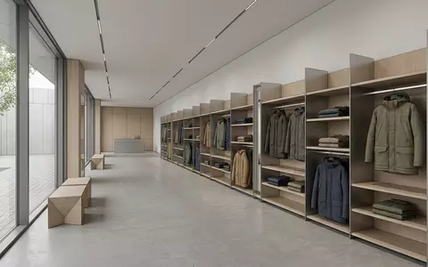 Architektur-Render im Outdoor-Fachhandel mit Winterparka zum Thema Canada Goose Parka, ISIN CA1350871028, neutrales Tageslicht - Foto: THN