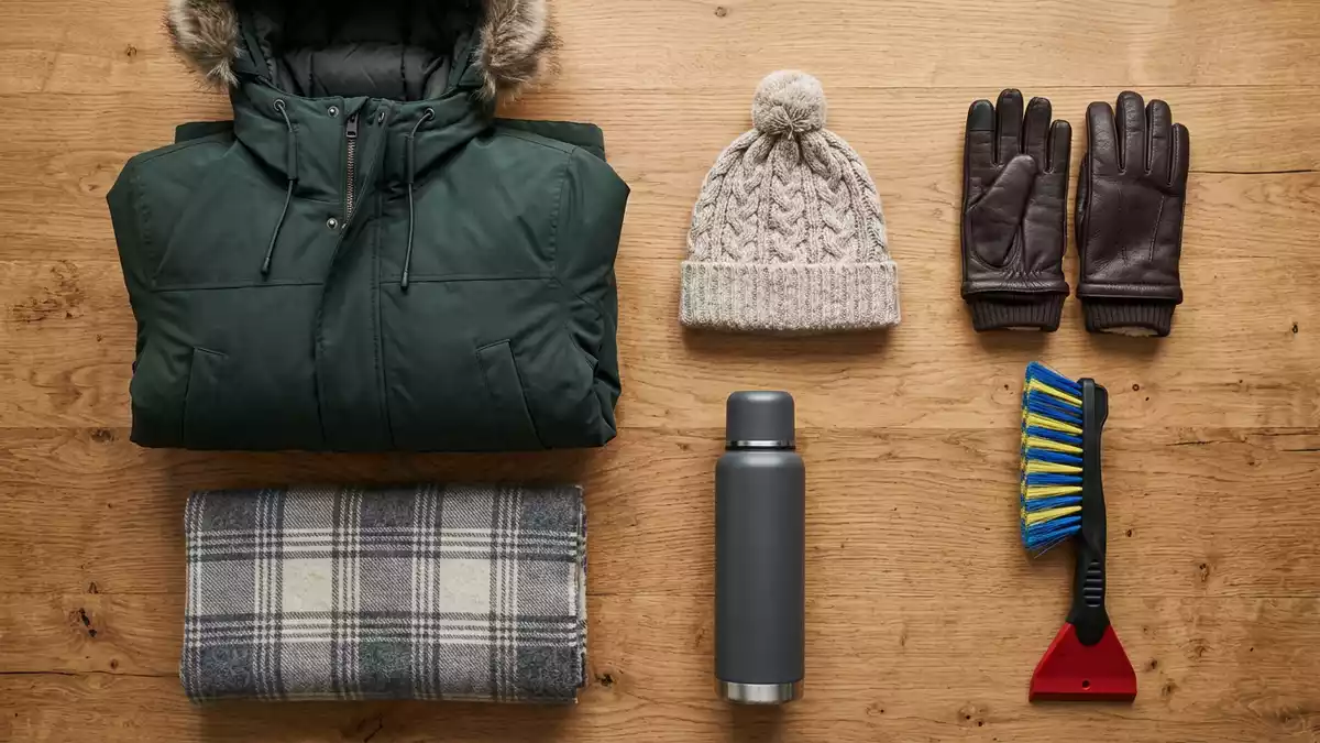 Flatlay-Arrangement rund um Winterparka mit passenden Requisiten von oben, neutral