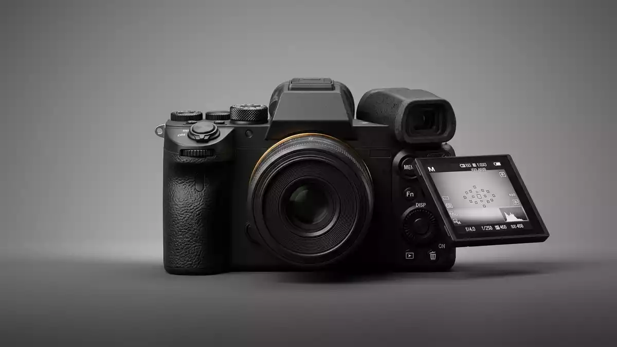 Fotorealistische Studioansicht von Systemkamera in neutraler Produktdarstellung