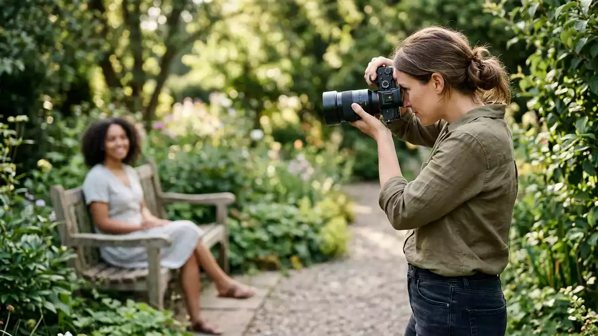 Fotorealistische Ansicht von Systemkamera beim Fotografieren in realer Umgebung