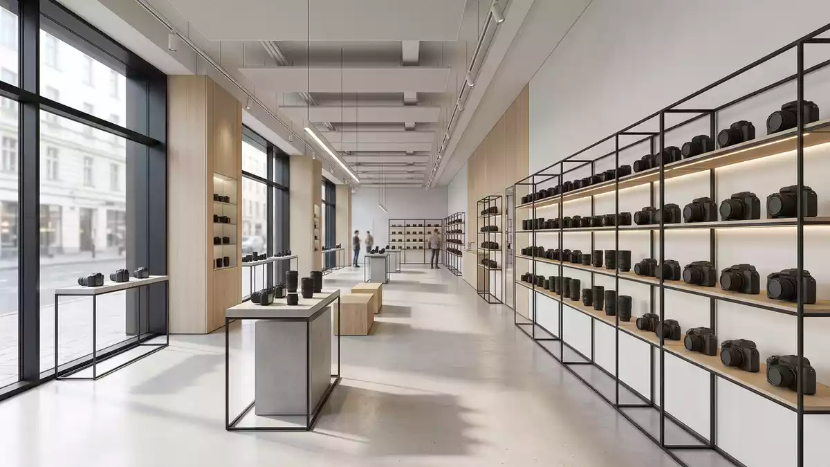 Architektur-Render im Fotofachhandel mit Systemkamera im Ausstellungsbereich, neutral