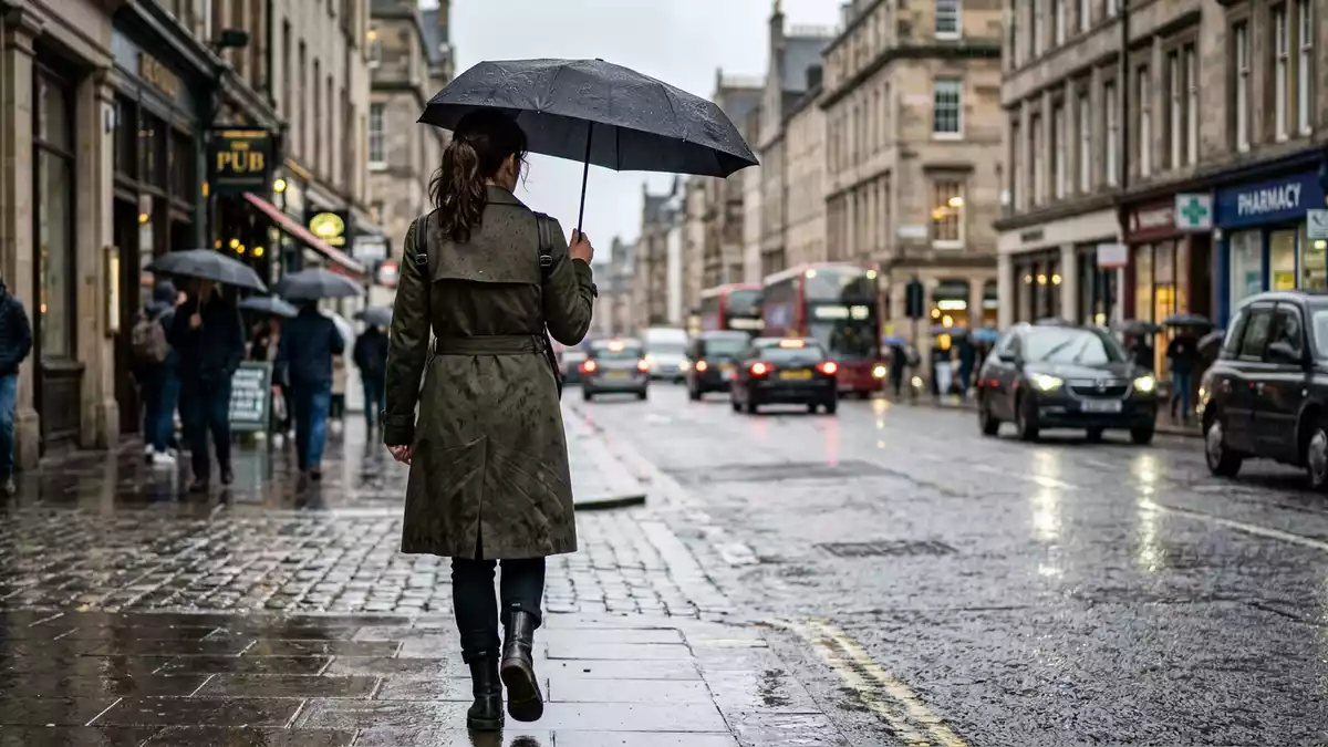 Fotorealistische Ansicht von Trenchcoat bei Regenwetter in realer Umgebung, neutral