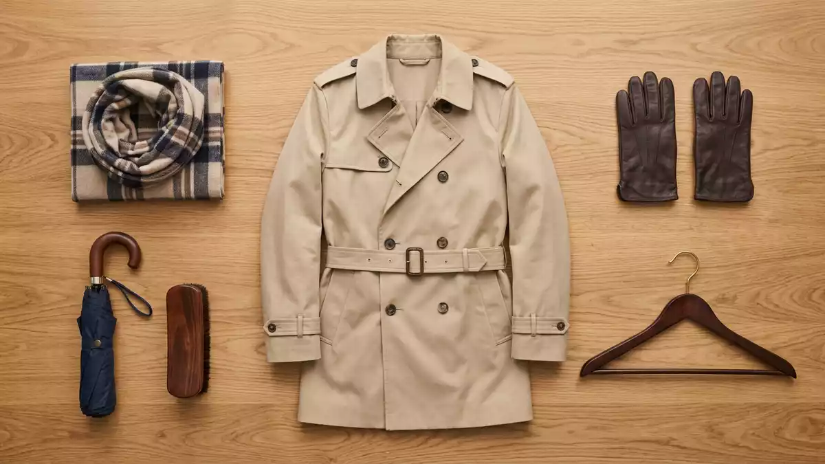 Flatlay-Arrangement rund um Trenchcoat mit passenden Requisiten von oben, neutral