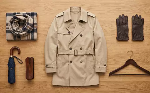 Flatlay-Arrangement rund um Trenchcoat zum Thema Burberry Trenchcoat, ISIN GB0031743007, weiches Oberlicht - Foto: THN
