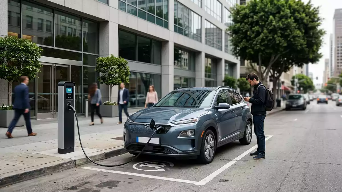Fotorealistische Ansicht von Elektro-SUV im Stadtverkehr in realer Umgebung, neutral