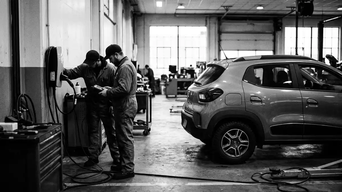 Schwarzweiss-Reportagebild mit Elektro-SUV in dokumentarischer Arbeitsumgebung