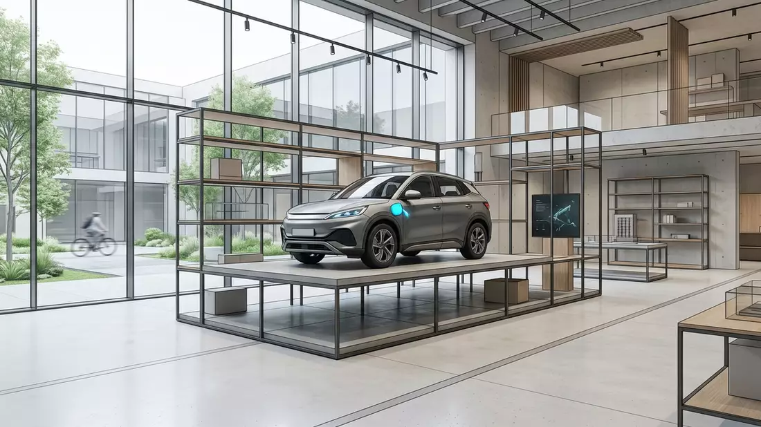 Architektur-Render im Autohandel mit Elektro-SUV im Ausstellungsbereich, neutral