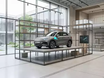 Architektur-Render im Autohandel mit Elektro-SUV zum Thema BYD Atto 3, ISIN CN0005855325, neutrales Tageslicht - Foto: THN