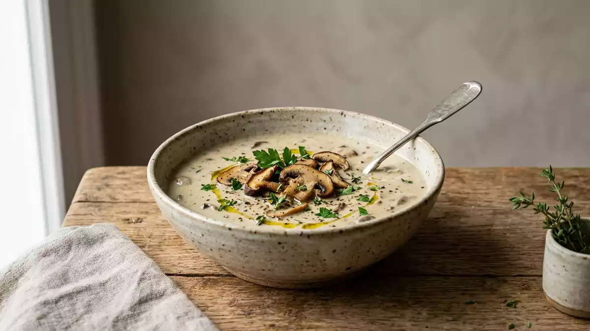 Fotorealistische Studioansicht von Pilzsuppe in neutraler Produktdarstellung, neutral