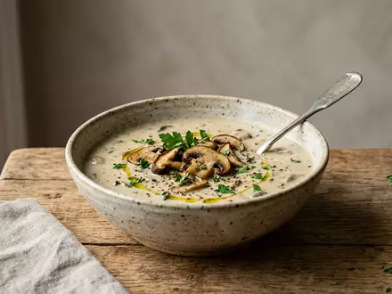 Fotorealistische Studioaufnahme von Pilzsuppe zum Thema Campbell's Cream of Mushroom, ISIN US1344291091, klare Lichtfuehrung - Foto: THN
