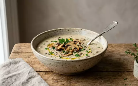 Fotorealistische Studioaufnahme von Pilzsuppe zum Thema Campbell's Cream of Mushroom, ISIN US1344291091, klare Lichtfuehrung - Foto: THN