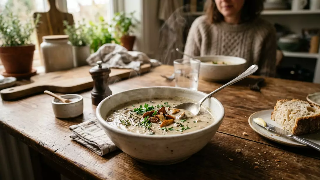Fotorealistische Ansicht von Pilzsuppe in der Küche in realer Umgebung, neutral