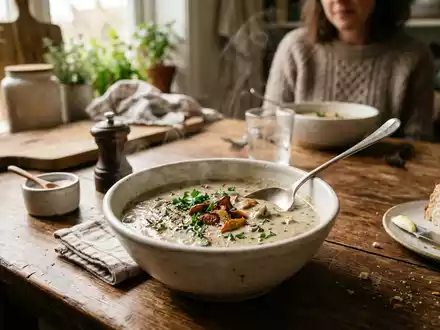 Fotorealistische Aufnahme von Pilzsuppe in der Küche zum Thema Campbell's Cream of Mushroom, ISIN US1344291091 - Foto: THN