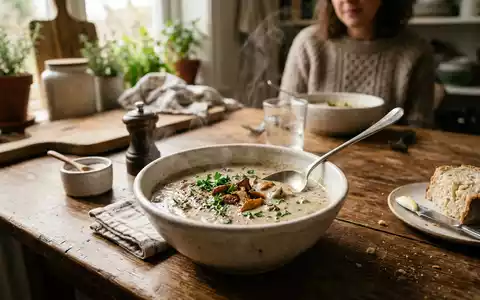 Fotorealistische Aufnahme von Pilzsuppe in der Küche zum Thema Campbell's Cream of Mushroom, ISIN US1344291091 - Foto: THN