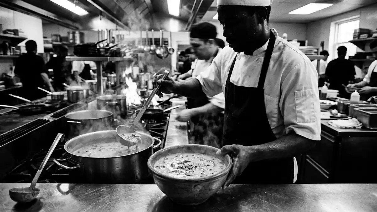 Schwarzweiss-Reportagebild mit Pilzsuppe in dokumentarischer Arbeitsumgebung, neutral