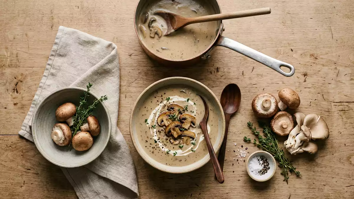 Flatlay-Arrangement rund um Pilzsuppe mit passenden Requisiten von oben, neutral