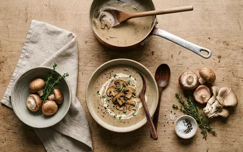 Flatlay-Arrangement rund um Pilzsuppe zum Thema Campbell's Cream of Mushroom, ISIN US1344291091, weiches Oberlicht - Foto: THN