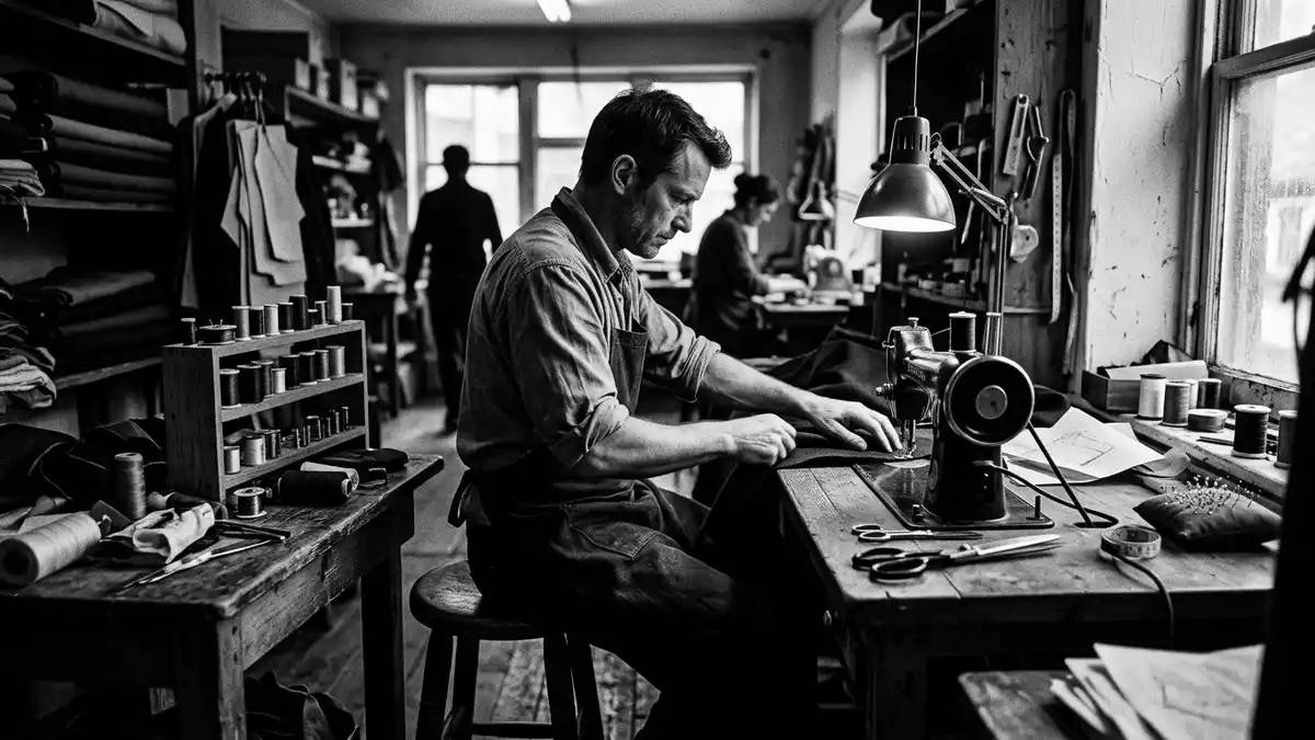 Schwarzweiss-Reportagebild mit Nähmaschine in dokumentarischer Arbeitsumgebung