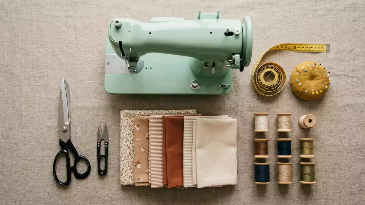 Flatlay-Arrangement rund um Nähmaschine mit passenden Requisiten von oben, neutral