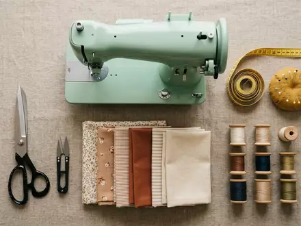 Flatlay-Arrangement rund um Nähmaschine zum Thema Brother Nähmaschine, ISIN JP3830000000, weiches Oberlicht - Foto: THN