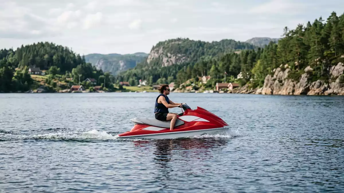 Fotorealistische Ansicht von Wassermotorrad auf dem Wasser in realer Umgebung, neutral