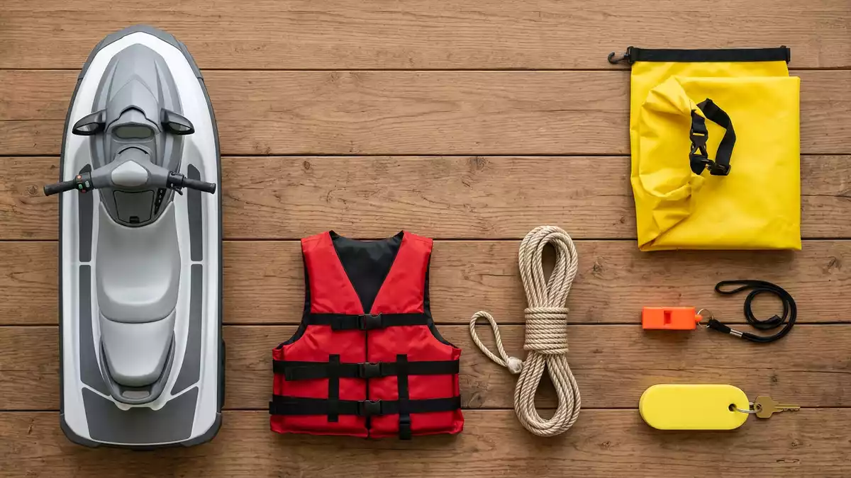 Flatlay-Arrangement rund um Wassermotorrad mit passenden Requisiten von oben, neutral