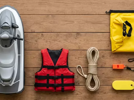 Flatlay-Arrangement rund um Wassermotorrad zum Thema Sea-Doo, ISIN CA05577W2004, weiches Oberlicht, sachlich dargestellt - Foto: THN