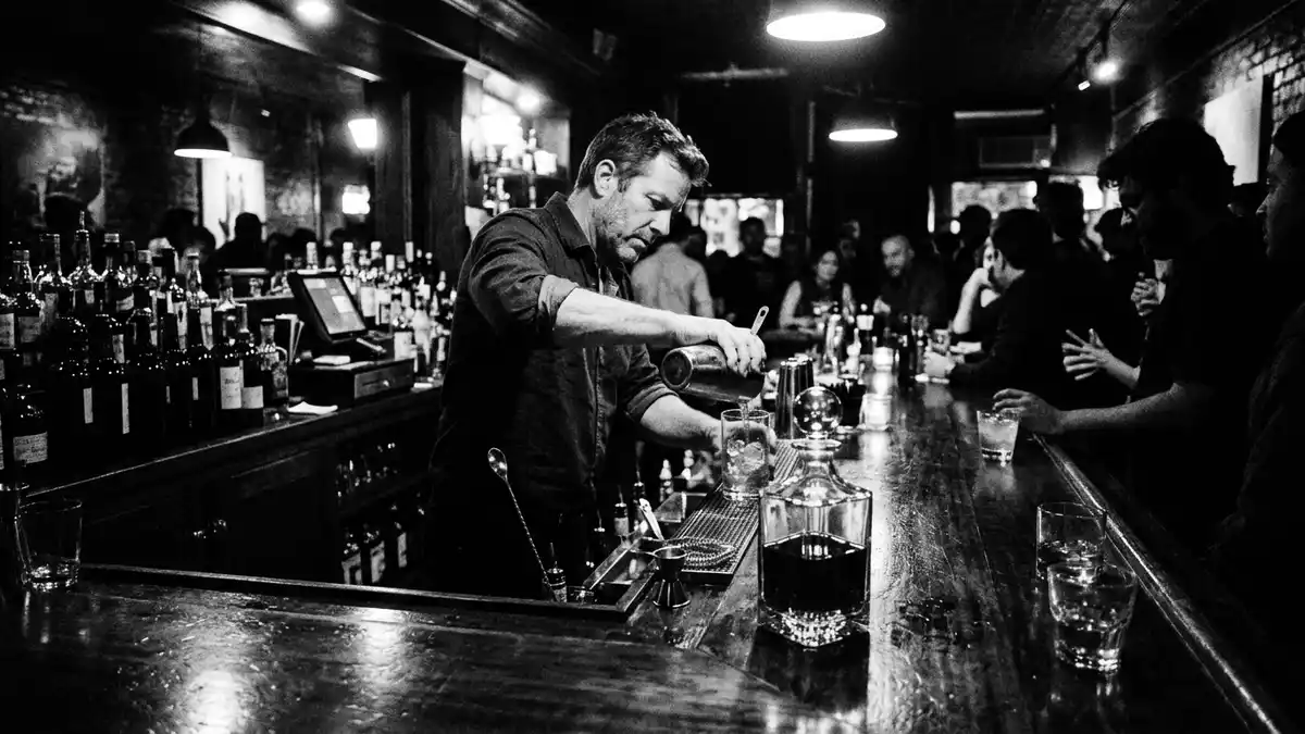 Schwarzweiss-Reportagebild mit Whiskey in dokumentarischer Arbeitsumgebung, neutral