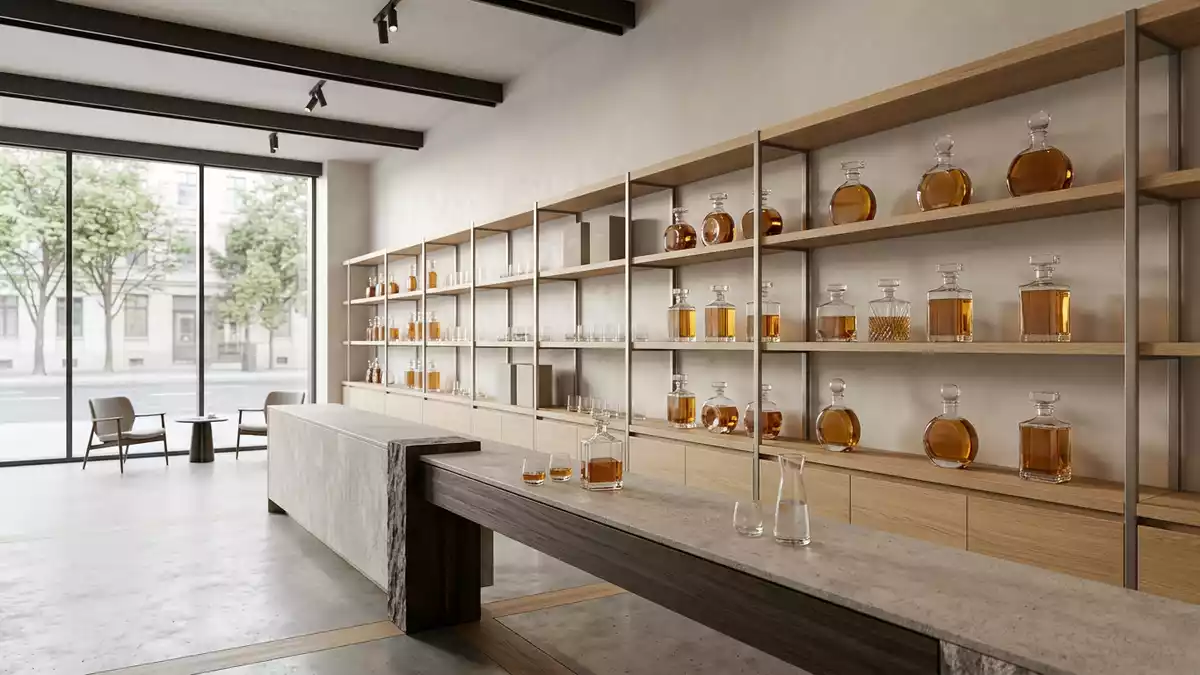 Architektur-Render im Spirituosenfachhandel mit Whiskey im Ausstellungsbereich