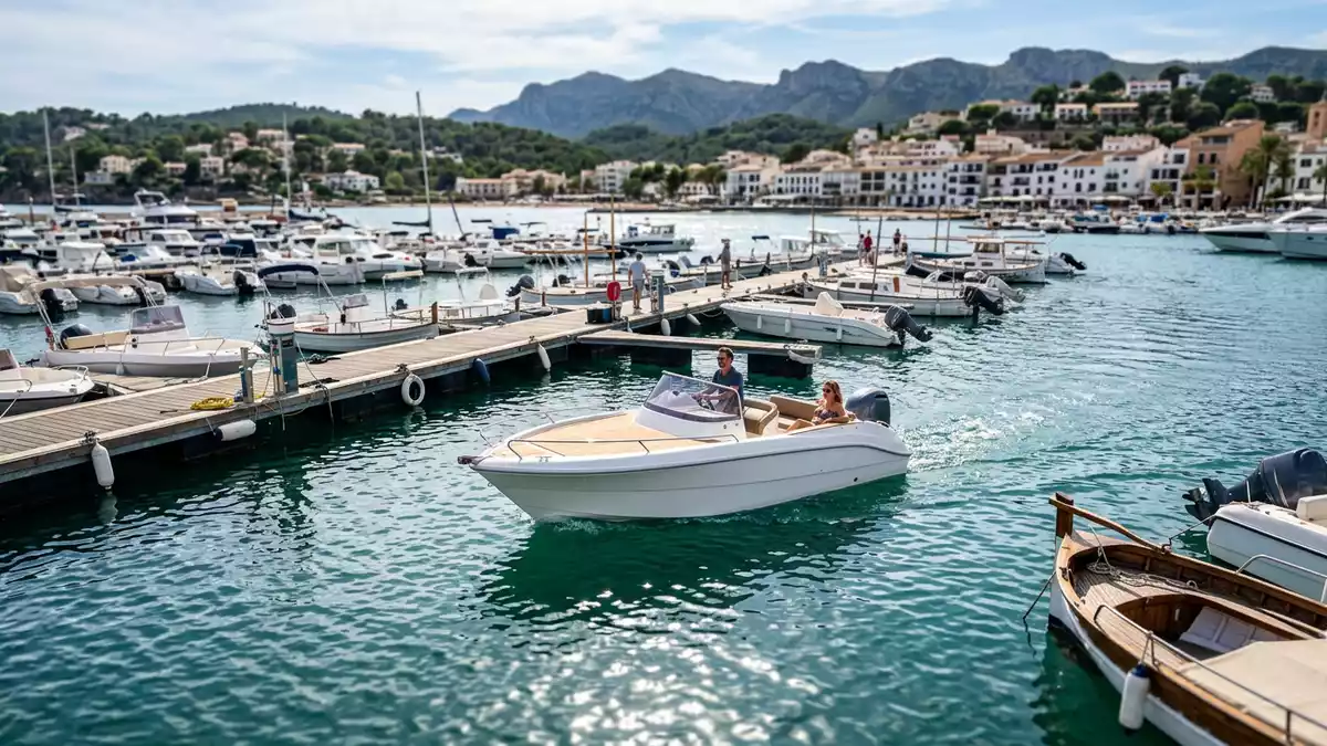 Fotorealistische Ansicht von Motorboot auf dem Wasser in realer Umgebung, neutral