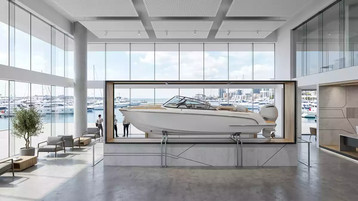 Architektur-Render im Bootshandel mit Motorboot im Ausstellungsbereich, neutral