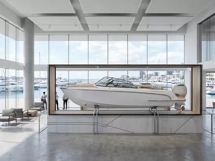 Architektur-Render im Bootshandel mit Motorboot zum Thema Sea Ray Boot, ISIN US1170431092, neutrales Tageslicht - Foto: THN