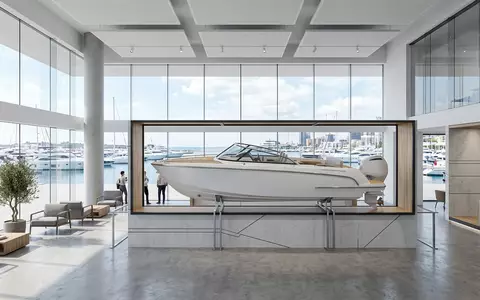 Architektur-Render im Bootshandel mit Motorboot zum Thema Sea Ray Boot, ISIN US1170431092, neutrales Tageslicht - Foto: THN