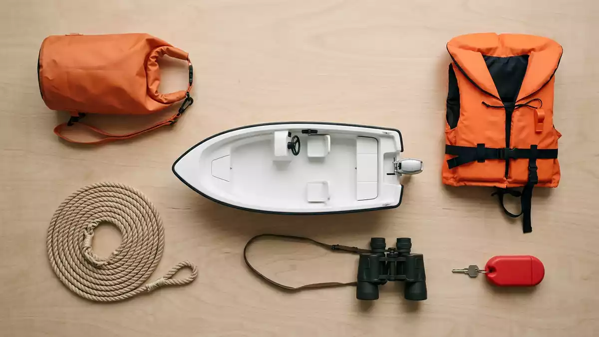 Flatlay-Arrangement rund um Motorboot mit passenden Requisiten von oben, neutral