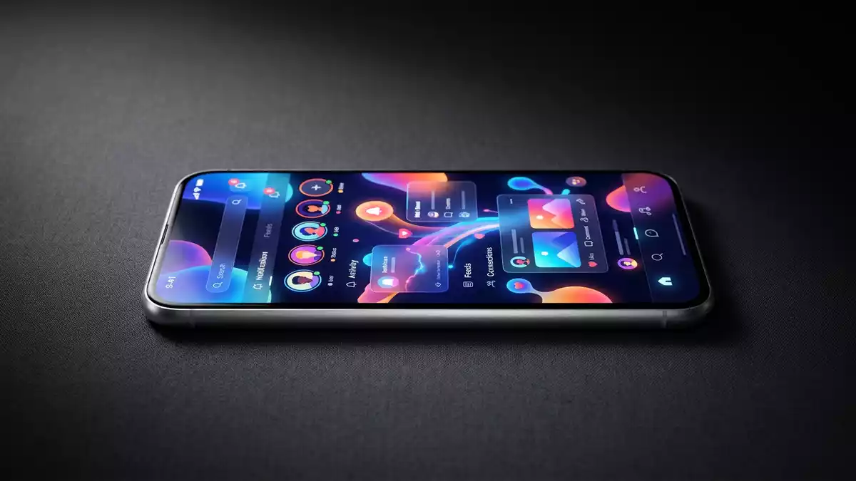 Fotorealistische Studioansicht von Smartphone-App in neutraler Produktdarstellung