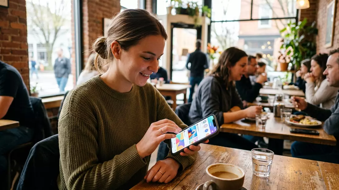 Fotorealistische Ansicht von Smartphone-App am Smartphone in realer Umgebung, neutral
