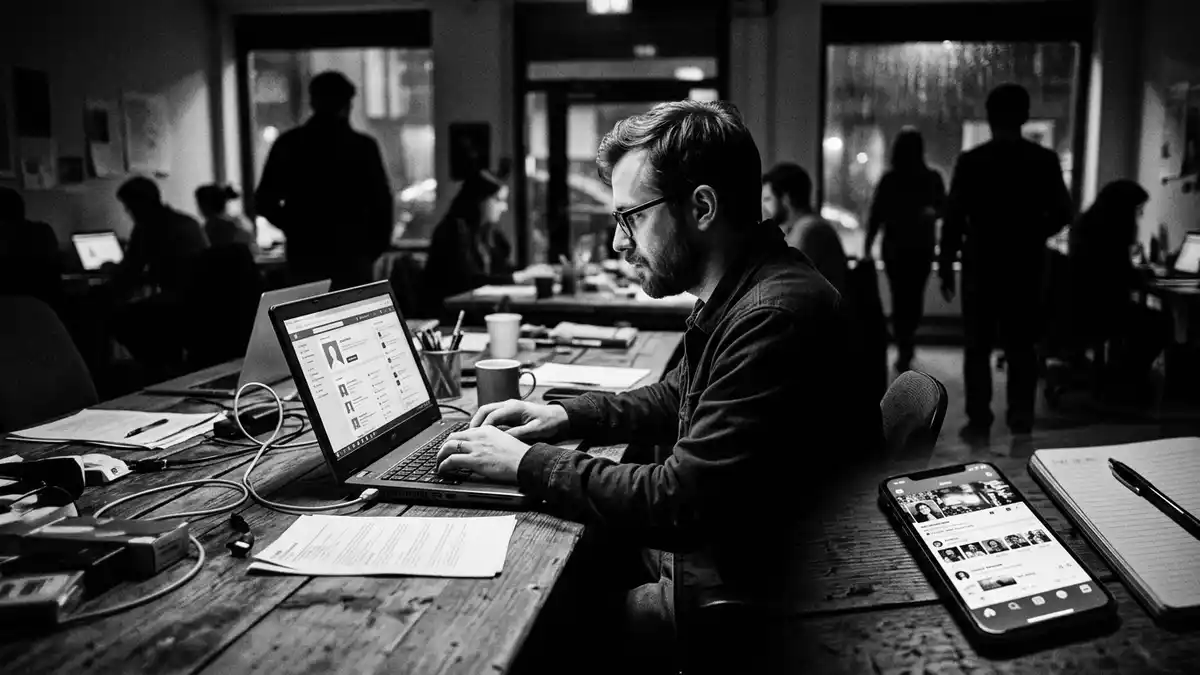 Schwarzweiss-Reportagebild mit Smartphone-App in dokumentarischer Arbeitsumgebung