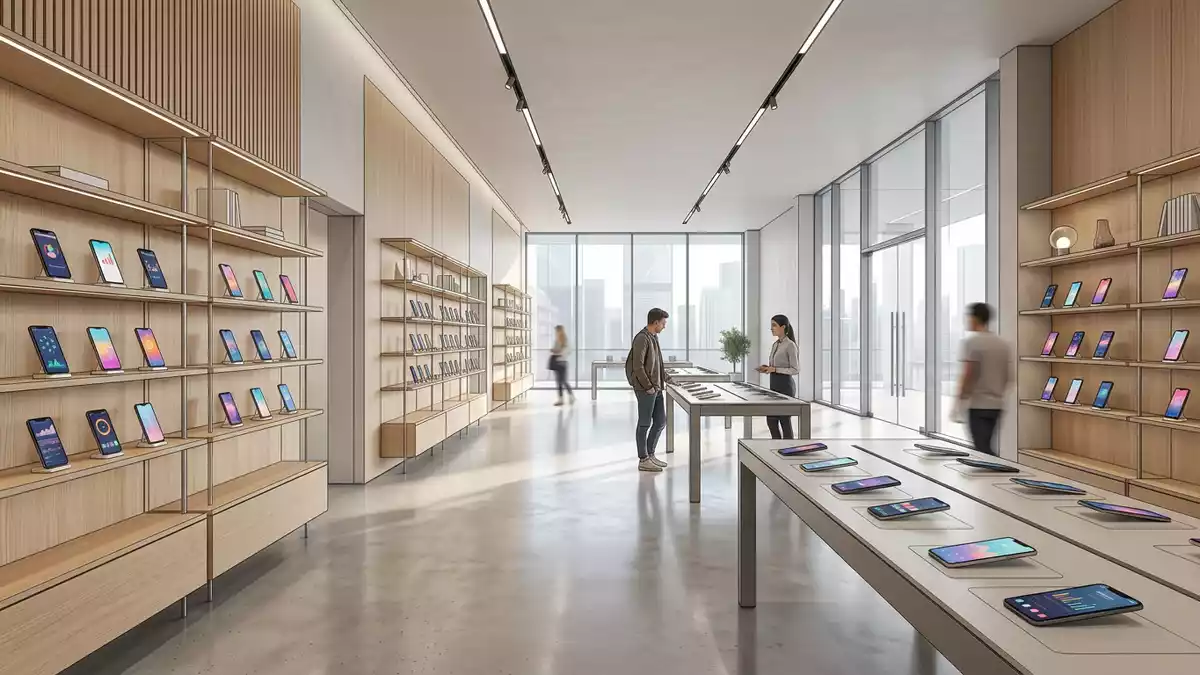 Architektur-Render im Elektronik-Fachmarkt mit Smartphone-App im Ausstellungsbereich