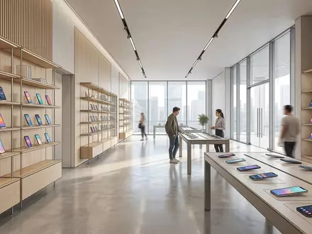 Architektur-Render im Elektronik-Fachmarkt mit Smartphone-App zum Thema Bumble Boost, ISIN US12047B1052, neutrales Tageslicht - Foto: THN