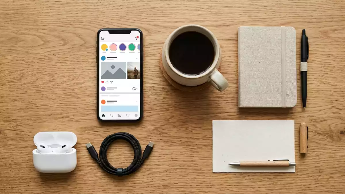 Flatlay-Arrangement rund um Smartphone-App mit passenden Requisiten von oben, neutral