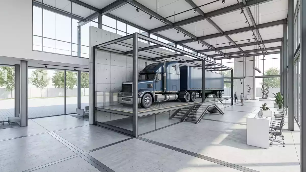 Architektur-Render im Nutzfahrzeughandel mit Lastkraftwagen im Ausstellungsbereich