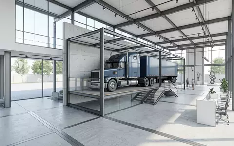 Architektur-Render im Nutzfahrzeughandel mit Lastkraftwagen zum Thema Mercedes-Benz Actros, ISIN DE000DTROCK8, neutrales Tageslicht - Foto: THN