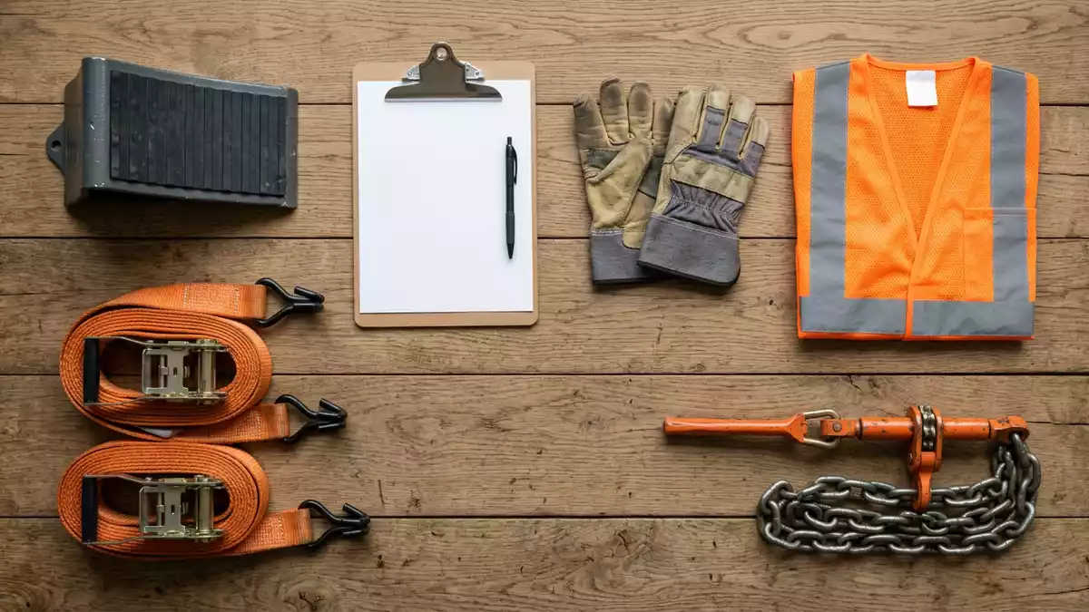 Flatlay-Arrangement rund um Lastkraftwagen mit passenden Requisiten von oben, neutral