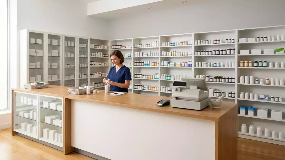 Fotorealistische Studioansicht von Apotheke in neutraler Produktdarstellung, neutral