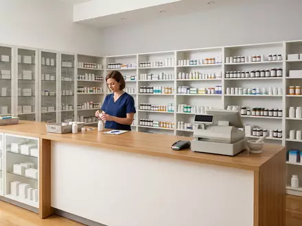 Fotorealistische Studioaufnahme von Apotheke zum Thema CVS Pharmacy, ISIN US1266501006, klare Lichtfuehrung - Foto: THN