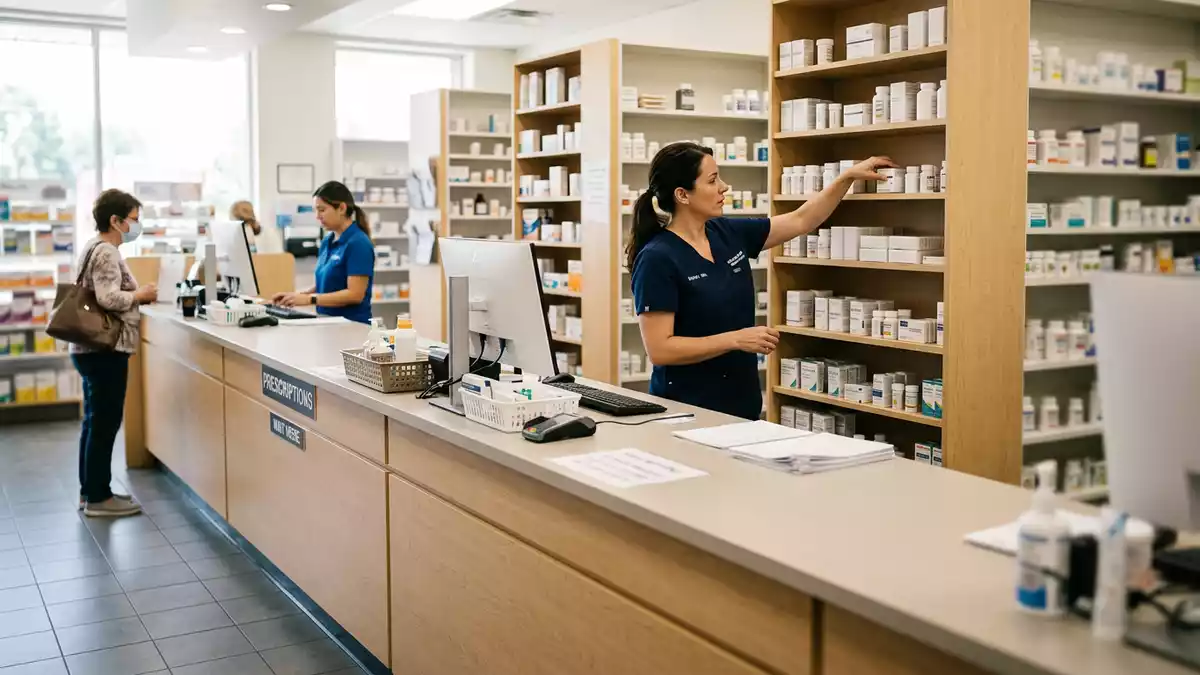 Fotorealistische Ansicht von Apotheke in der Apotheke in realer Umgebung, neutral