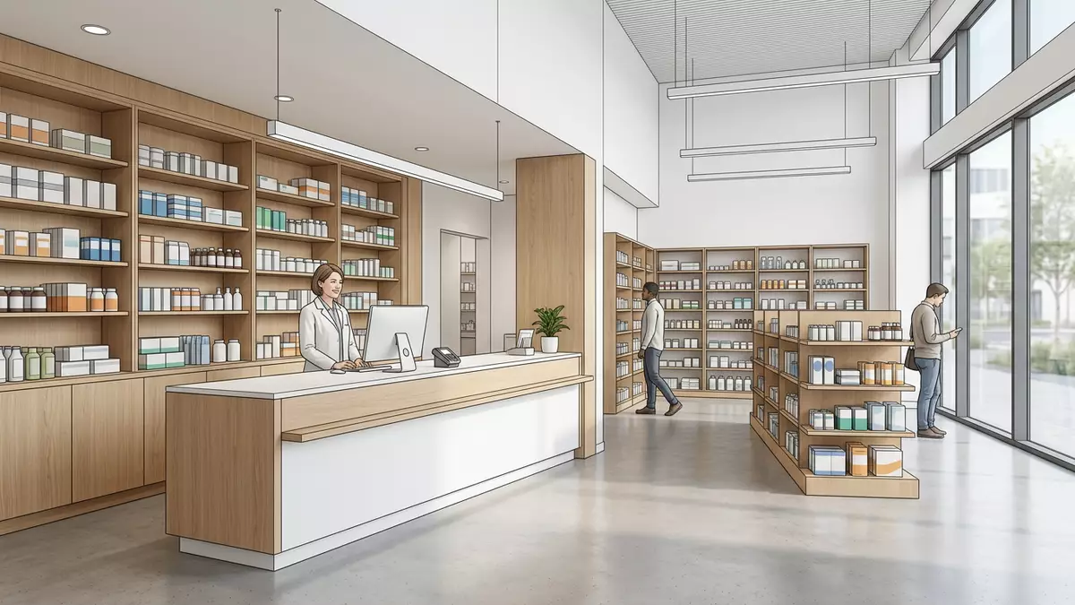 Architektur-Render im Apotheke mit Apotheke im Ausstellungsbereich, sachlich dargestellt