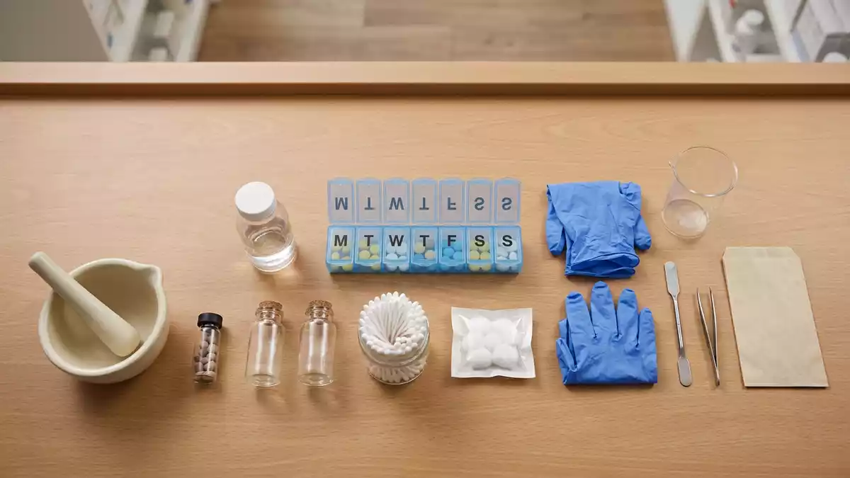 Flatlay-Arrangement rund um Apotheke mit passenden Requisiten von oben, neutral