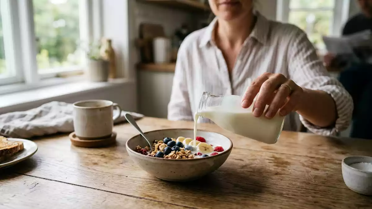 Fotorealistische Ansicht von Trinkjoghurt beim Frühstück in realer Umgebung, neutral