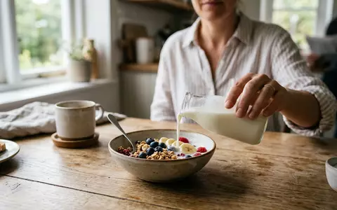 Fotorealistische Aufnahme von Trinkjoghurt beim Frühstück zum Thema Actimel, ISIN FR0000120644, natuerliches Licht - Foto: THN